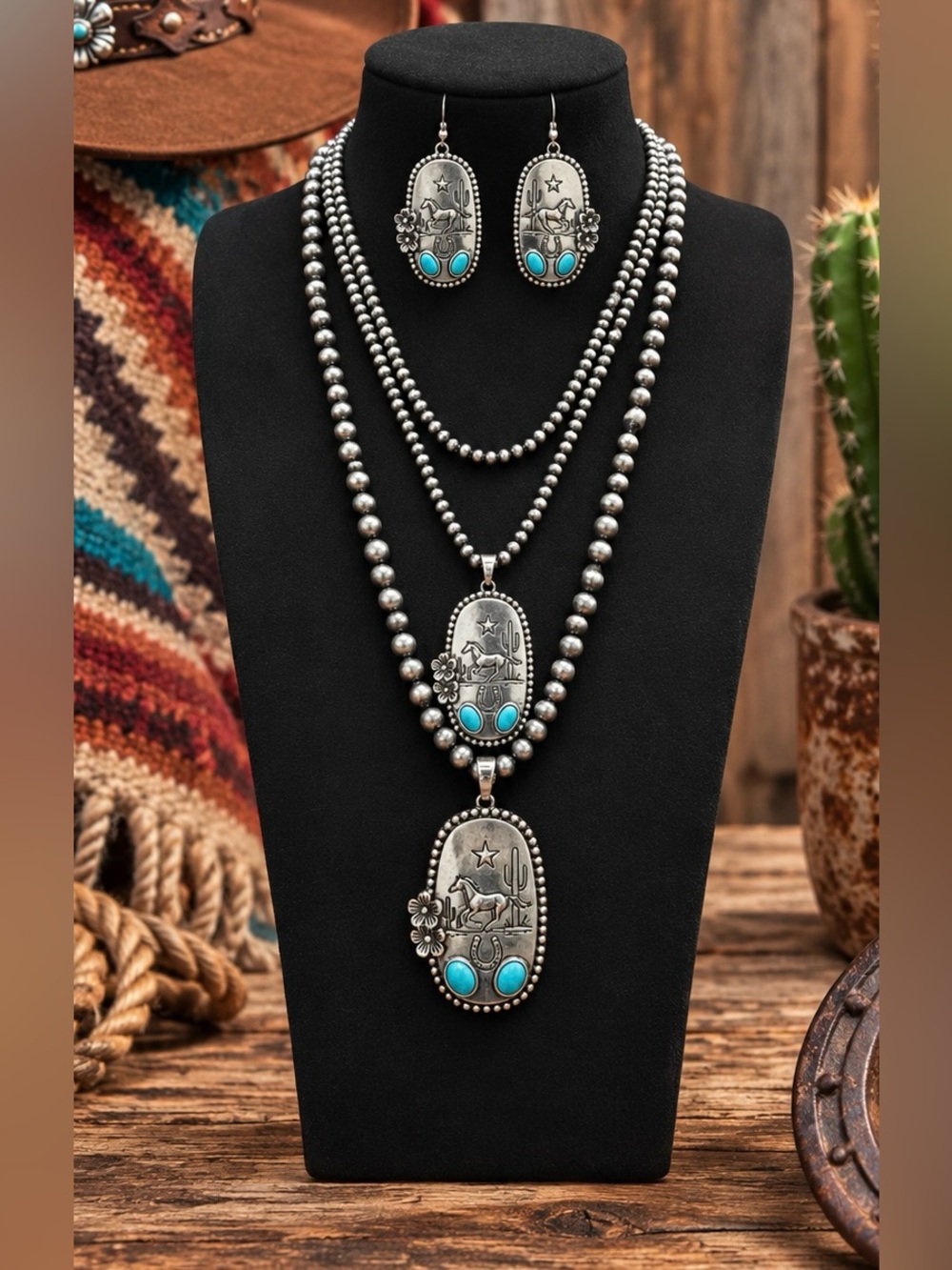 Western Southwest Faux Turquoise Horse Cactus Costume Necklace Earrings Set